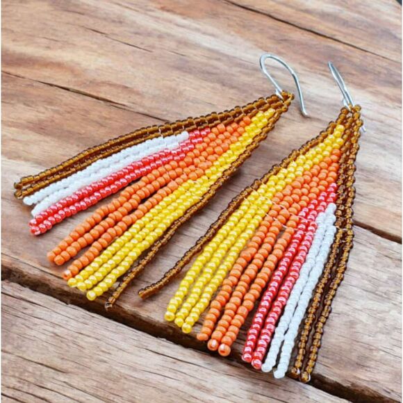 Autumn Inspired Beaded Fringe Cascade Dangle Earrings, 3.5" Artisan Handmade - Picture 1 of 7